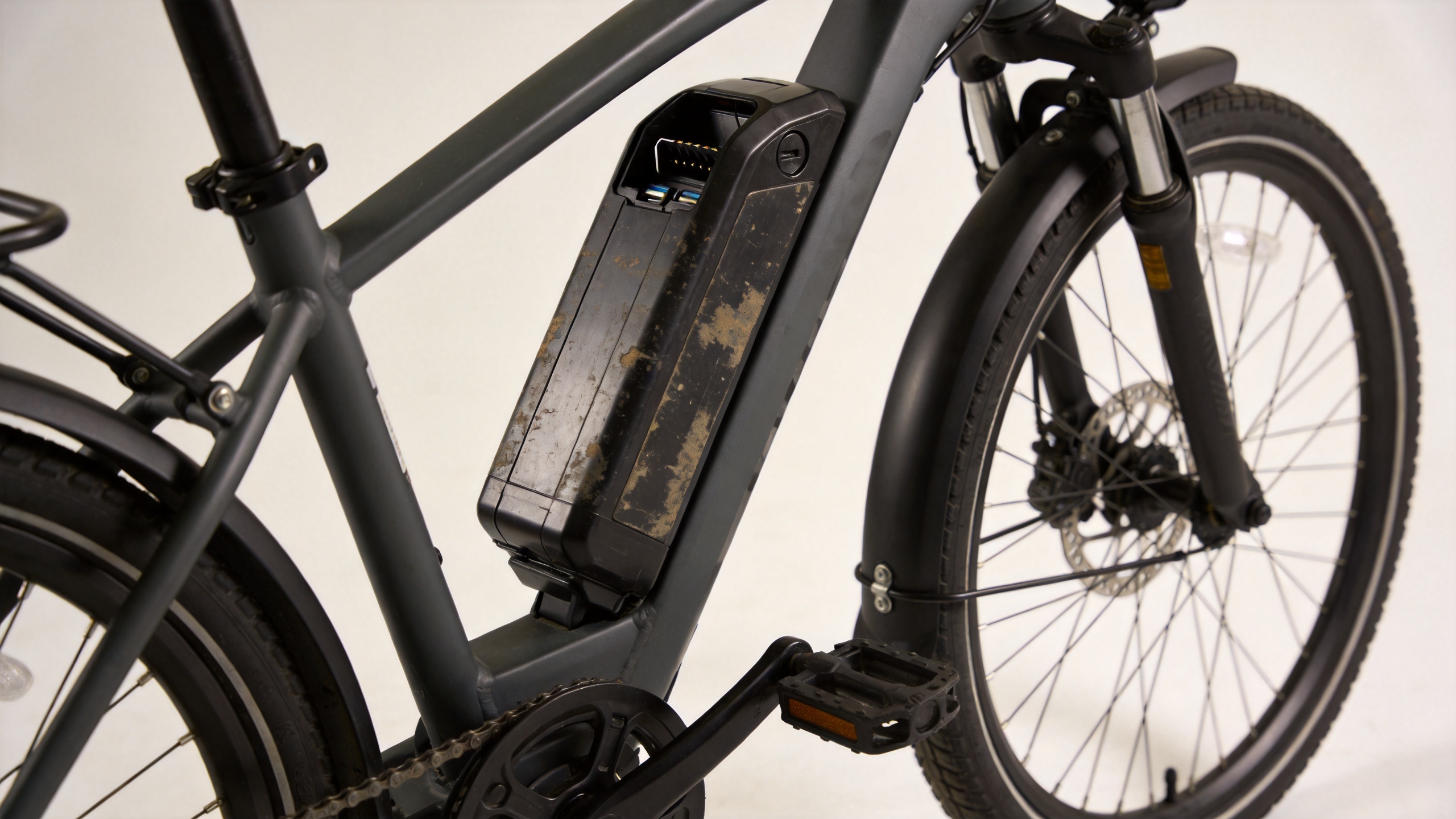 E-bike lithium battery pack inspection showing signs of wear
