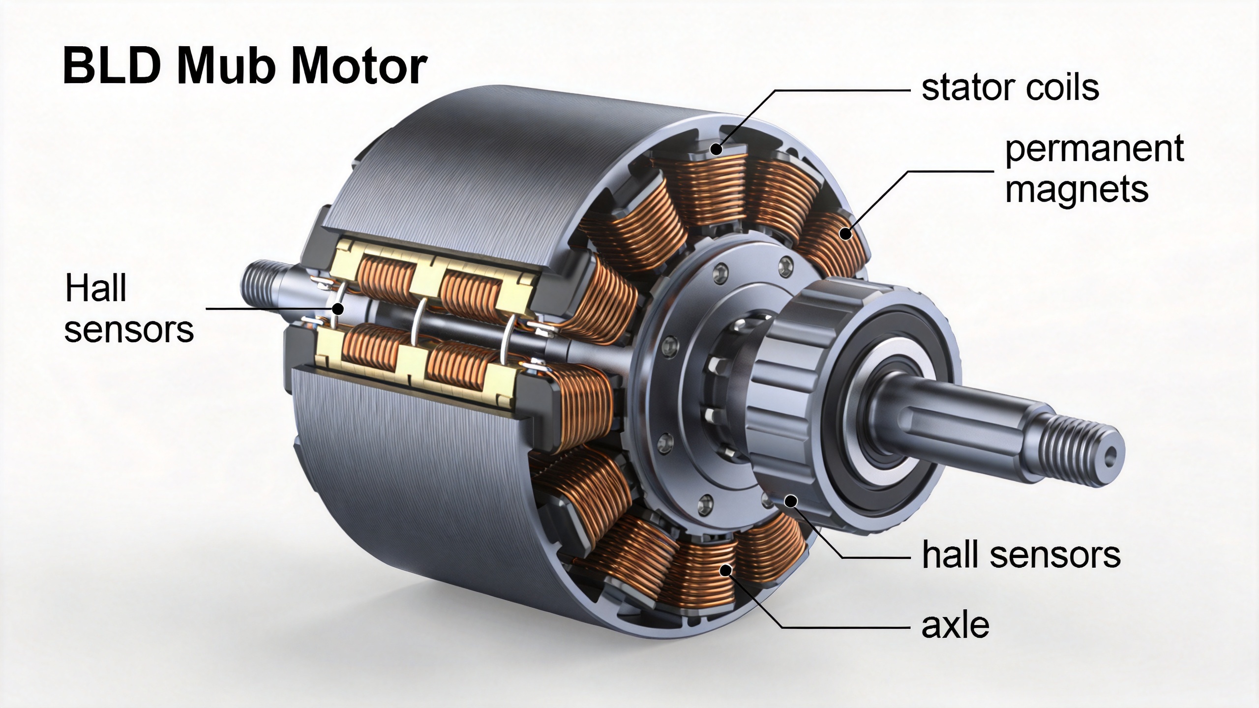 BLDC hub motor internal components diagram showing stator coils, permanent magnets and hall sensors