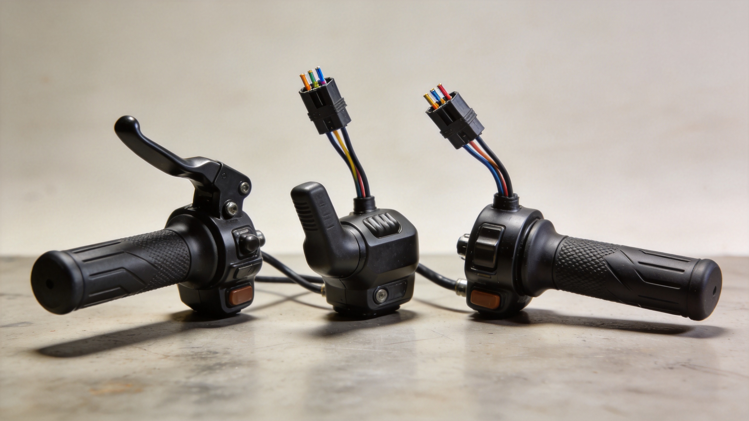 three electric scooter throttle types side by side showing trigger thumb and twist grip connector ends for repair shop comparison