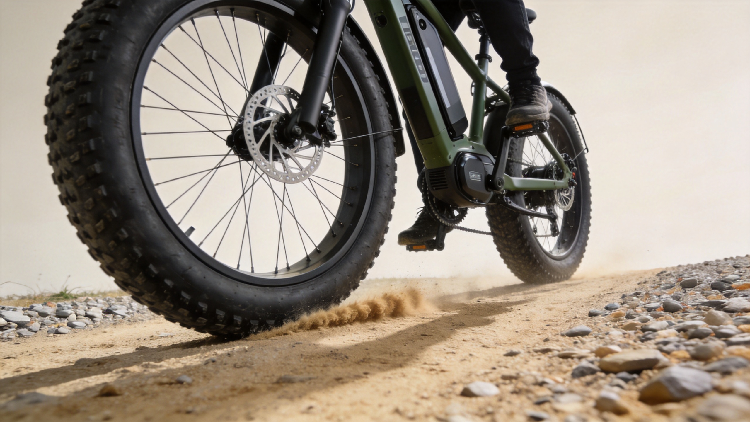 Fat tyre electric bike demonstrating off-road traction on gravel terrain