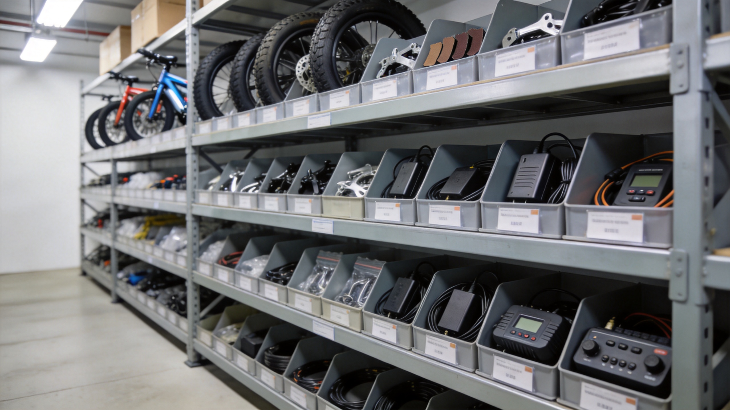 Wholesale warehouse with organized electric cycle spares inventory management