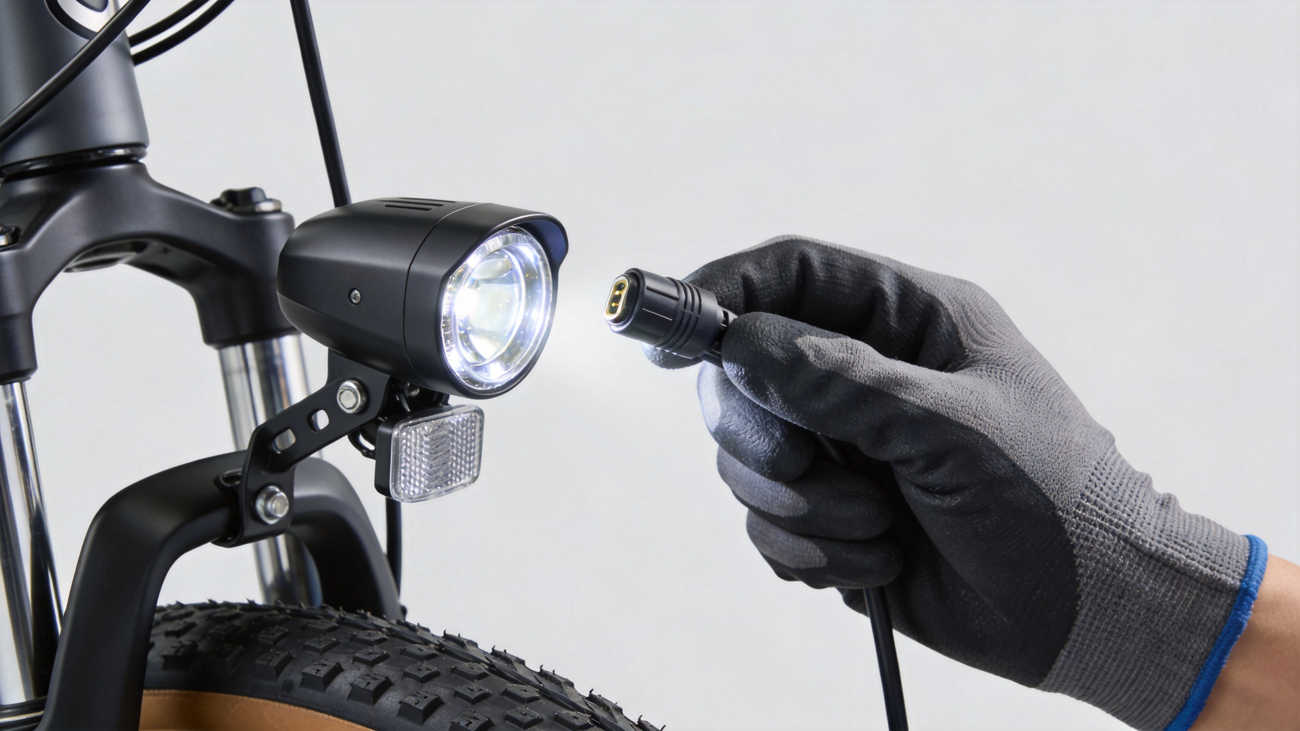 E-bike headlight bracket and sealed connector inspection