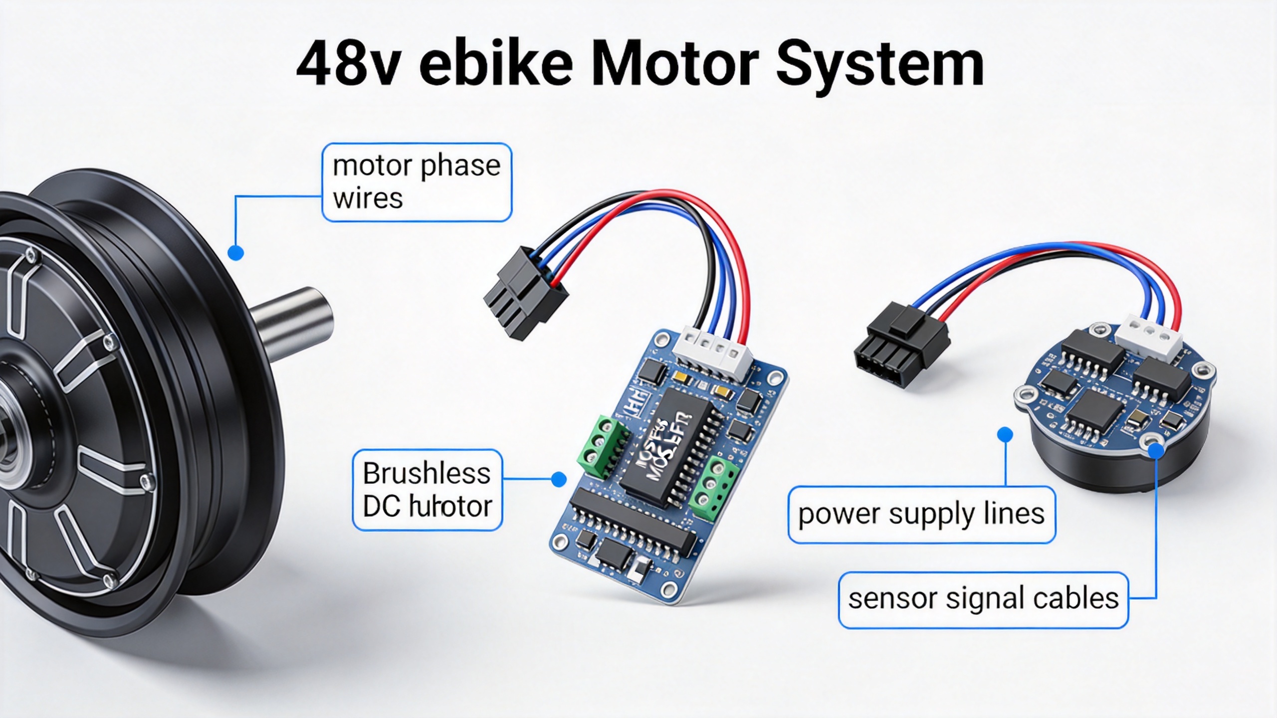 48v ebike motor system components: brushless hub motor, controller, and Hall sensor assembly