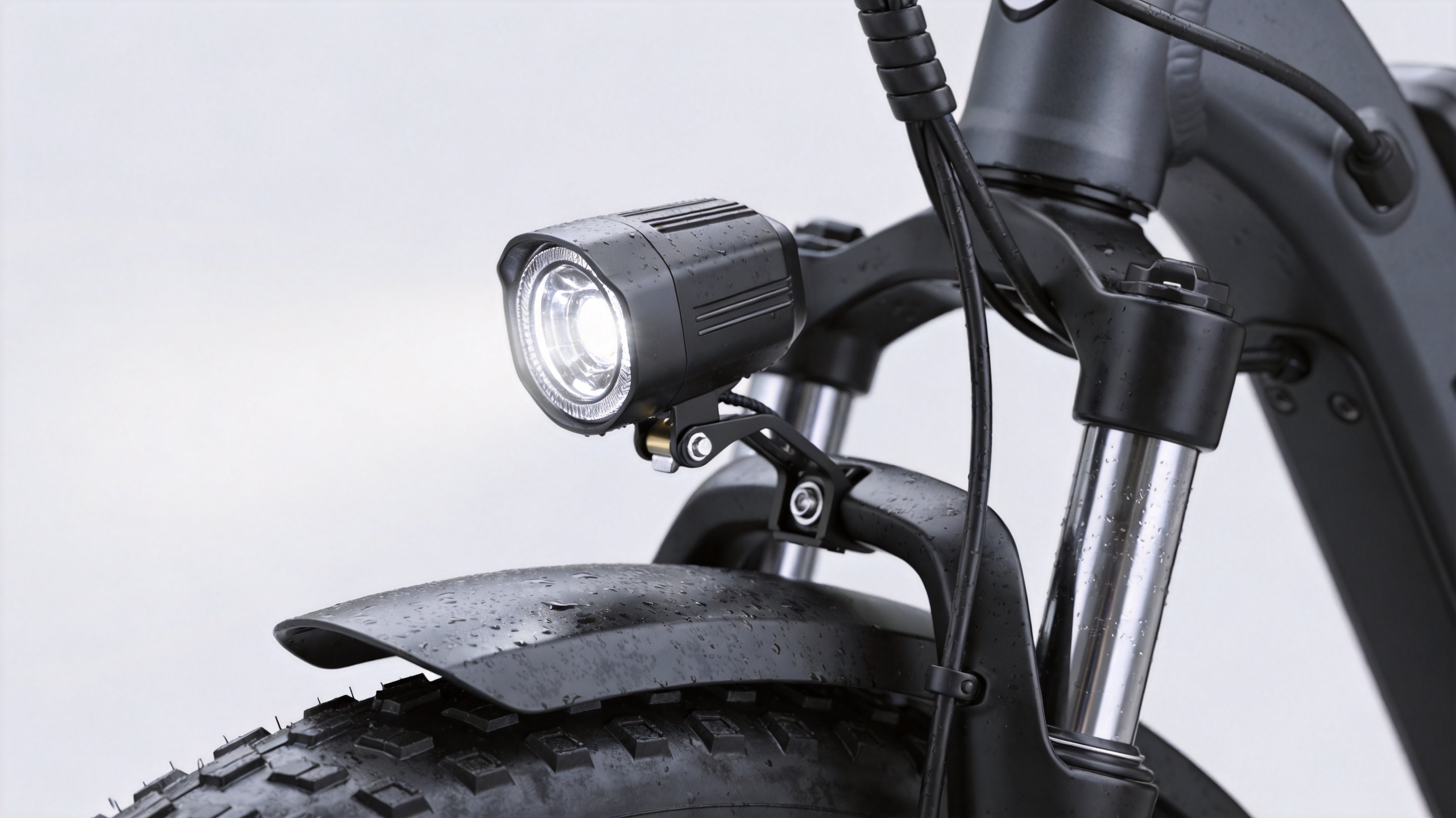 E-bike front light mounted for wet-weather riding