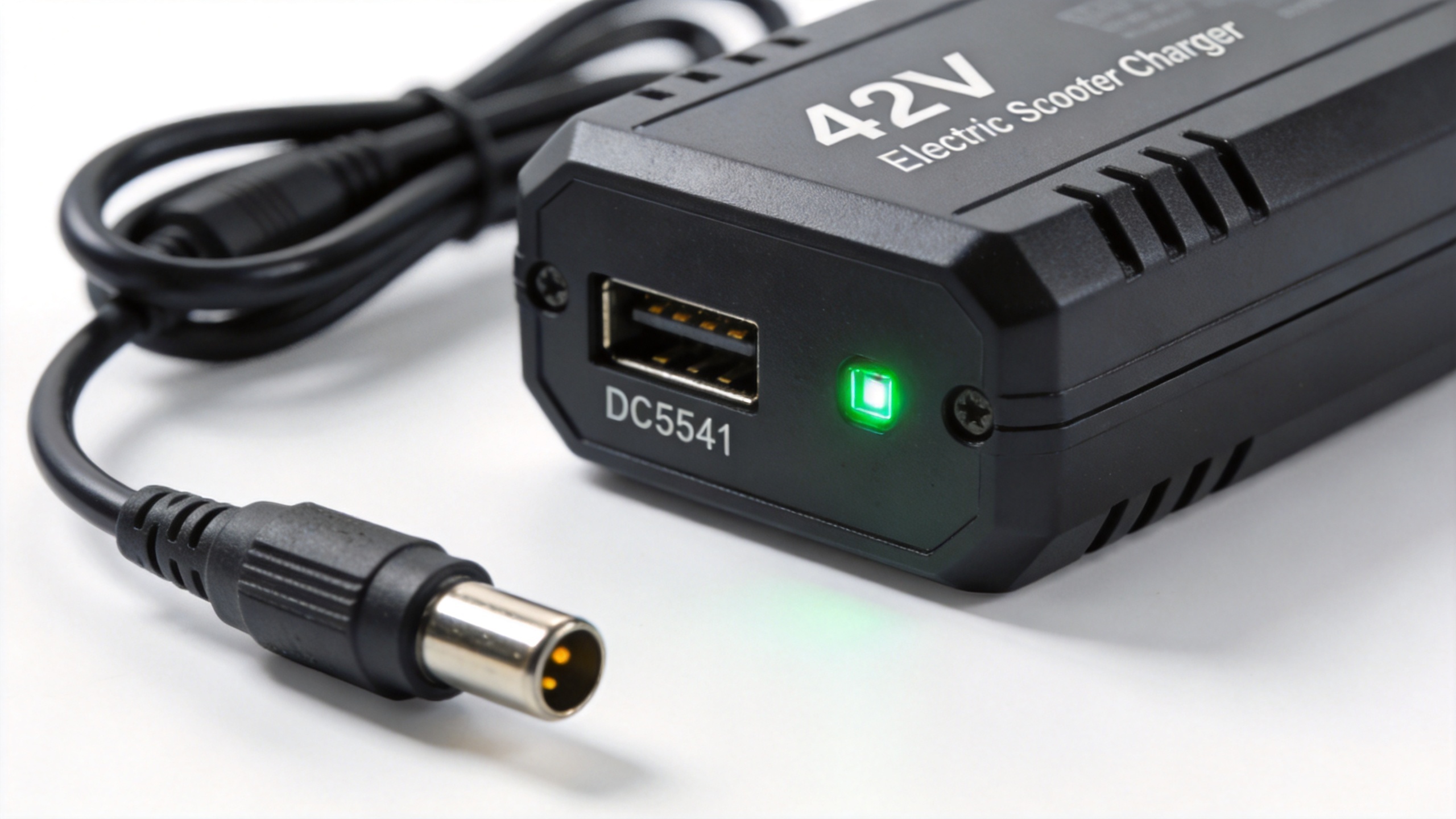 42v scooter charger with DC5521 barrel connector and LED indicator lights