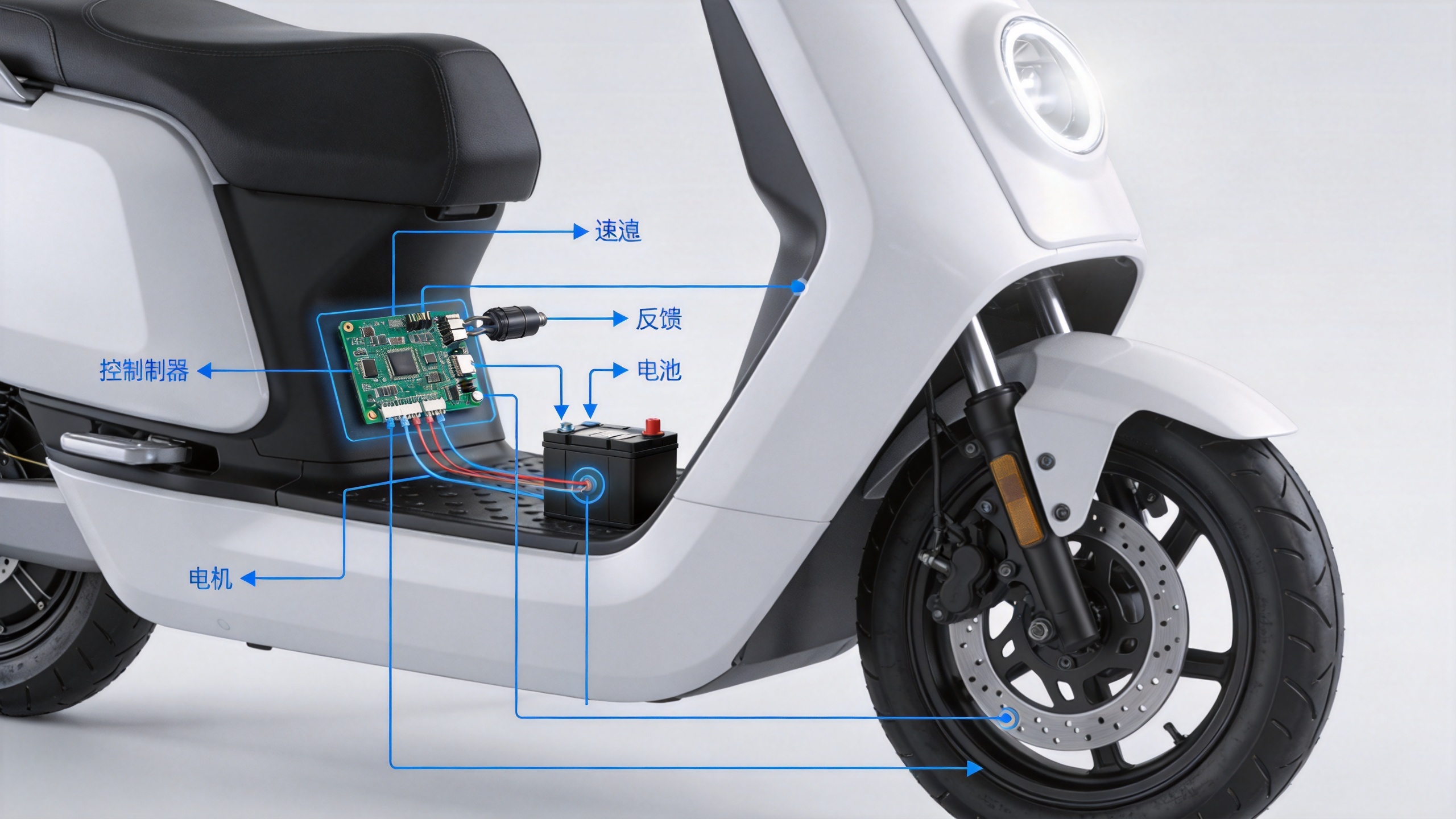Electric scooter PID control system showing the controller, throttle, battery, motor and feedback path