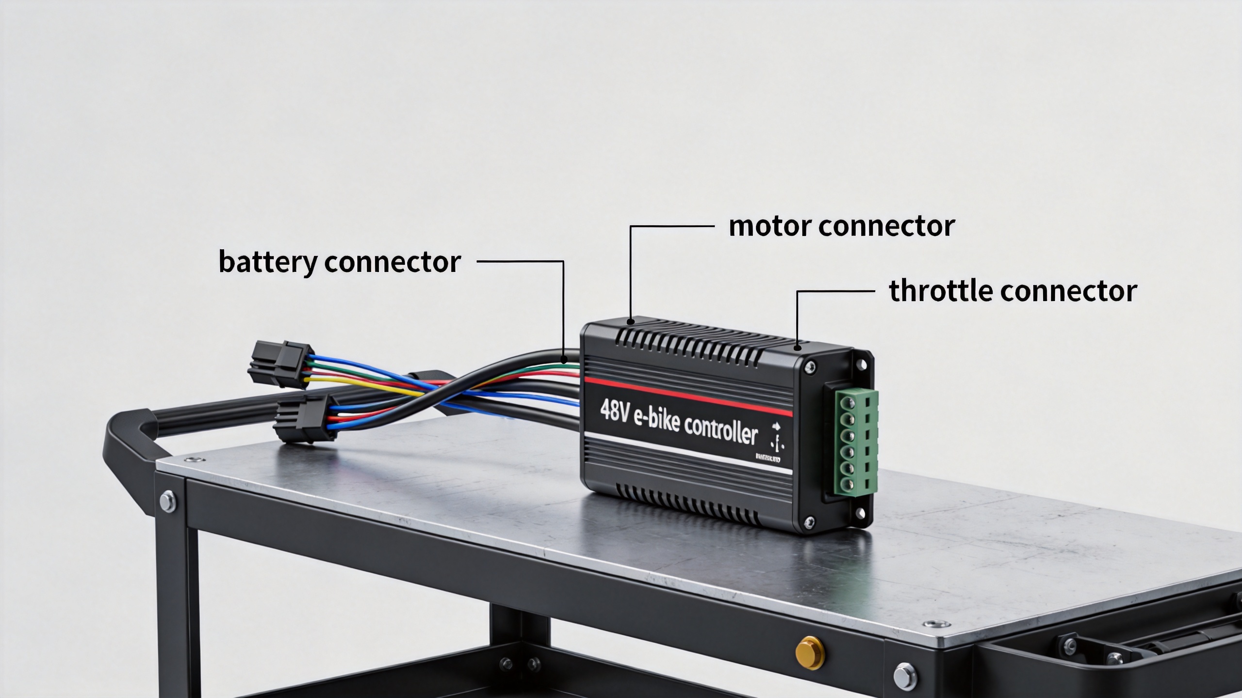 48V e-bike controller with connector harnesses for replacement compatibility checks