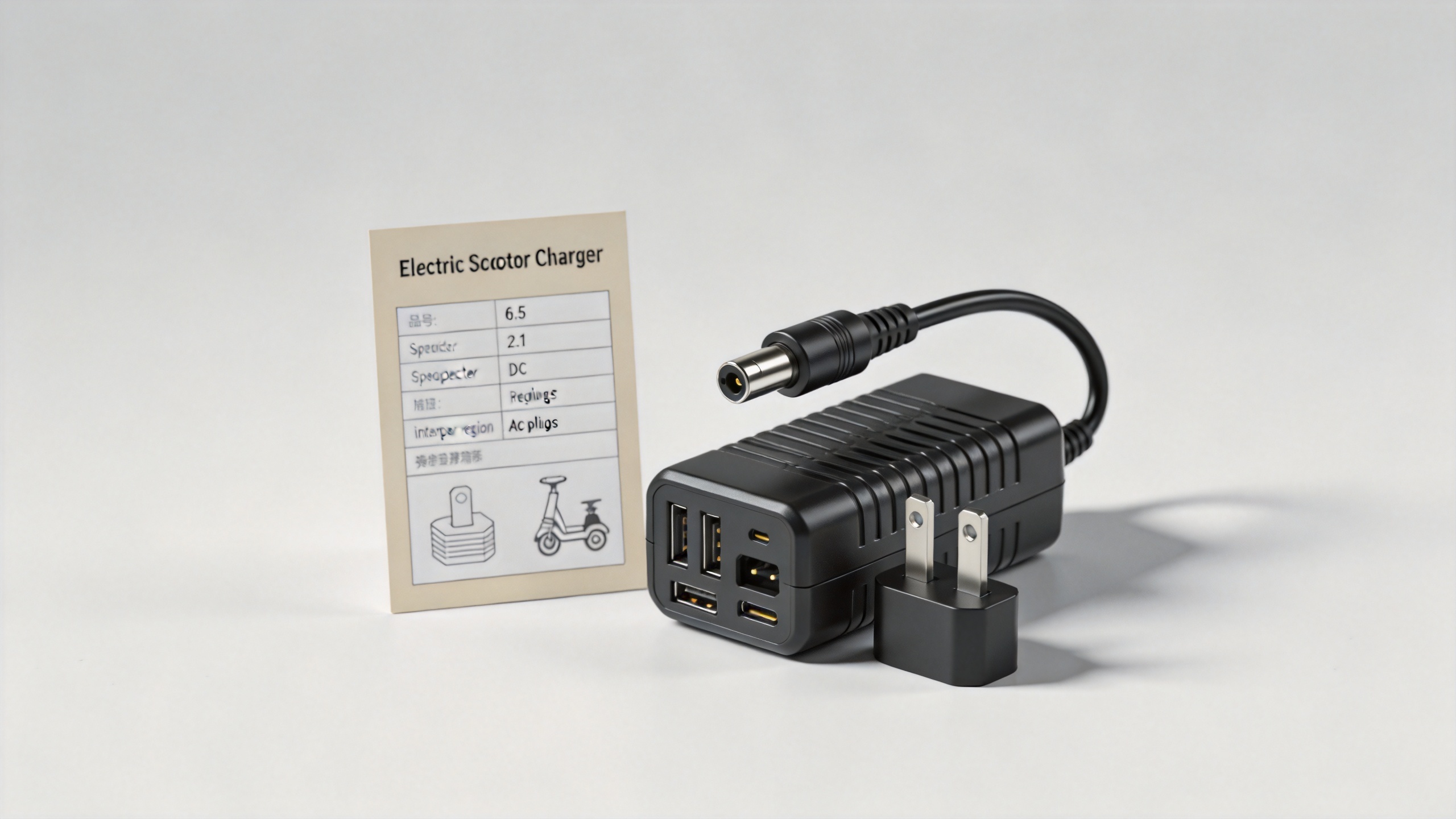 Electric scooter charger with DC connector and regional AC plug options