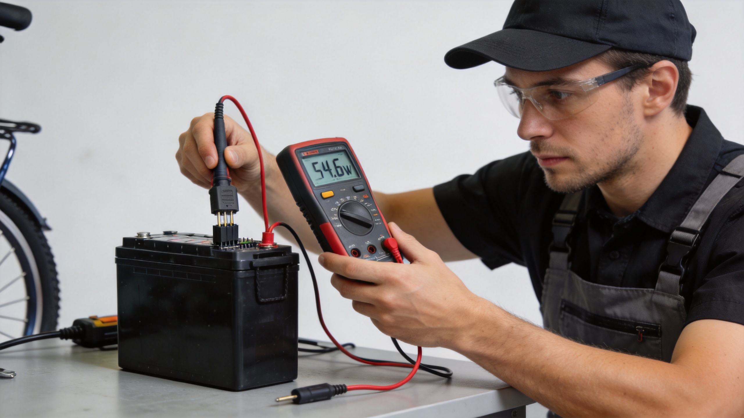 Technician checking charger compatibility during e bike battery replacement