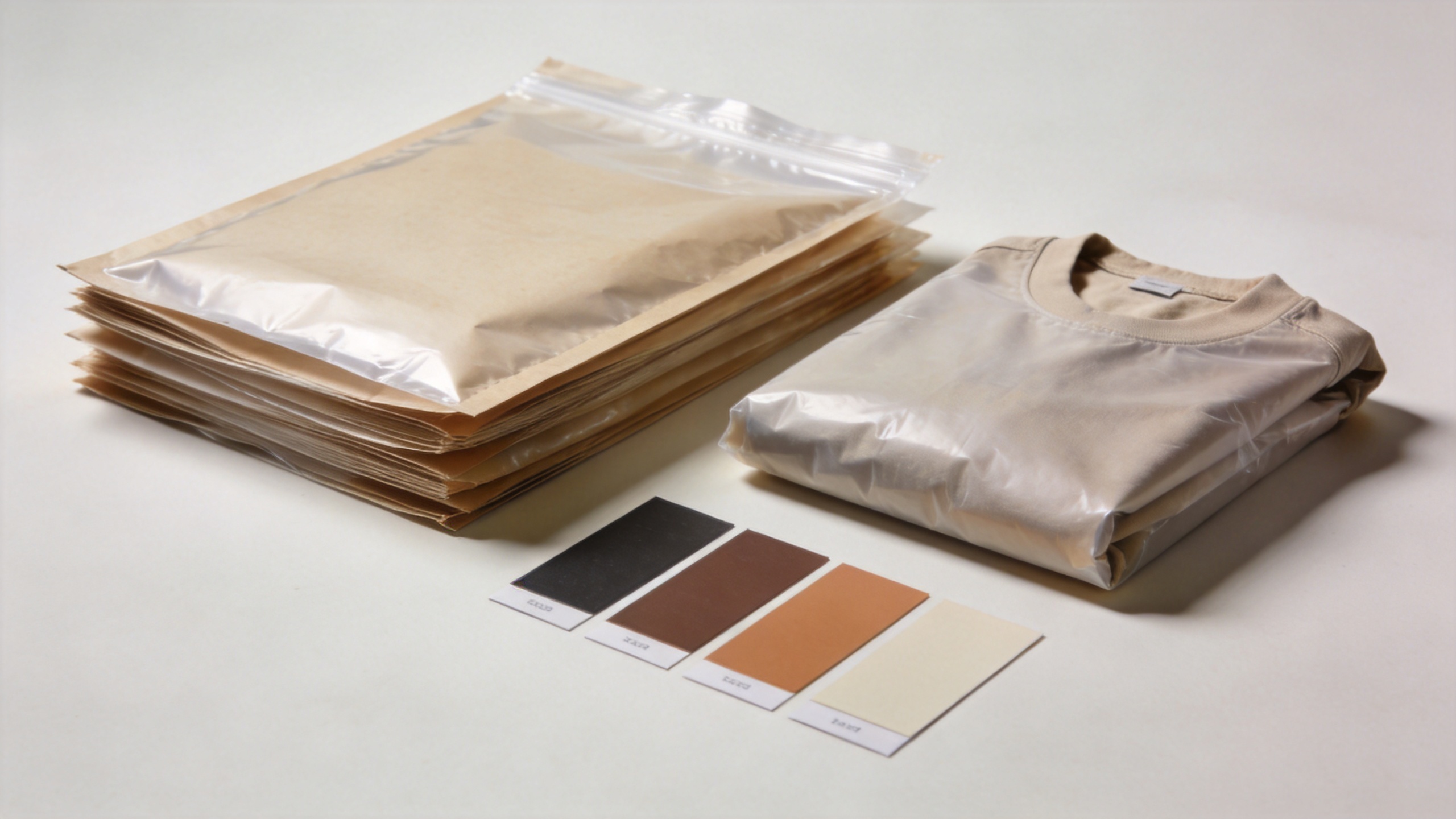 Custom poly mailers prepared with packed products and color samples