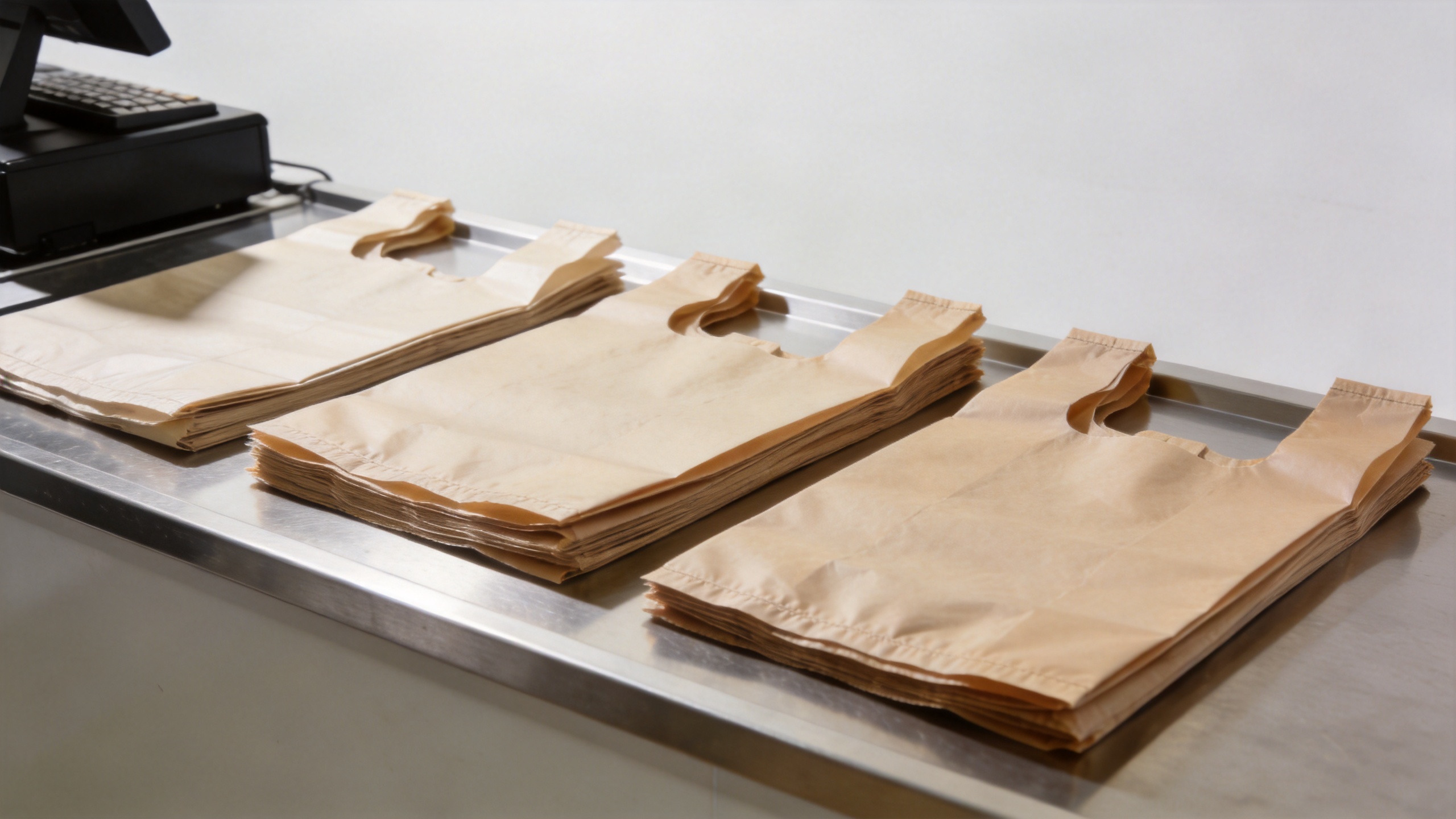 Compostable t-shirt bags at a retail checkout