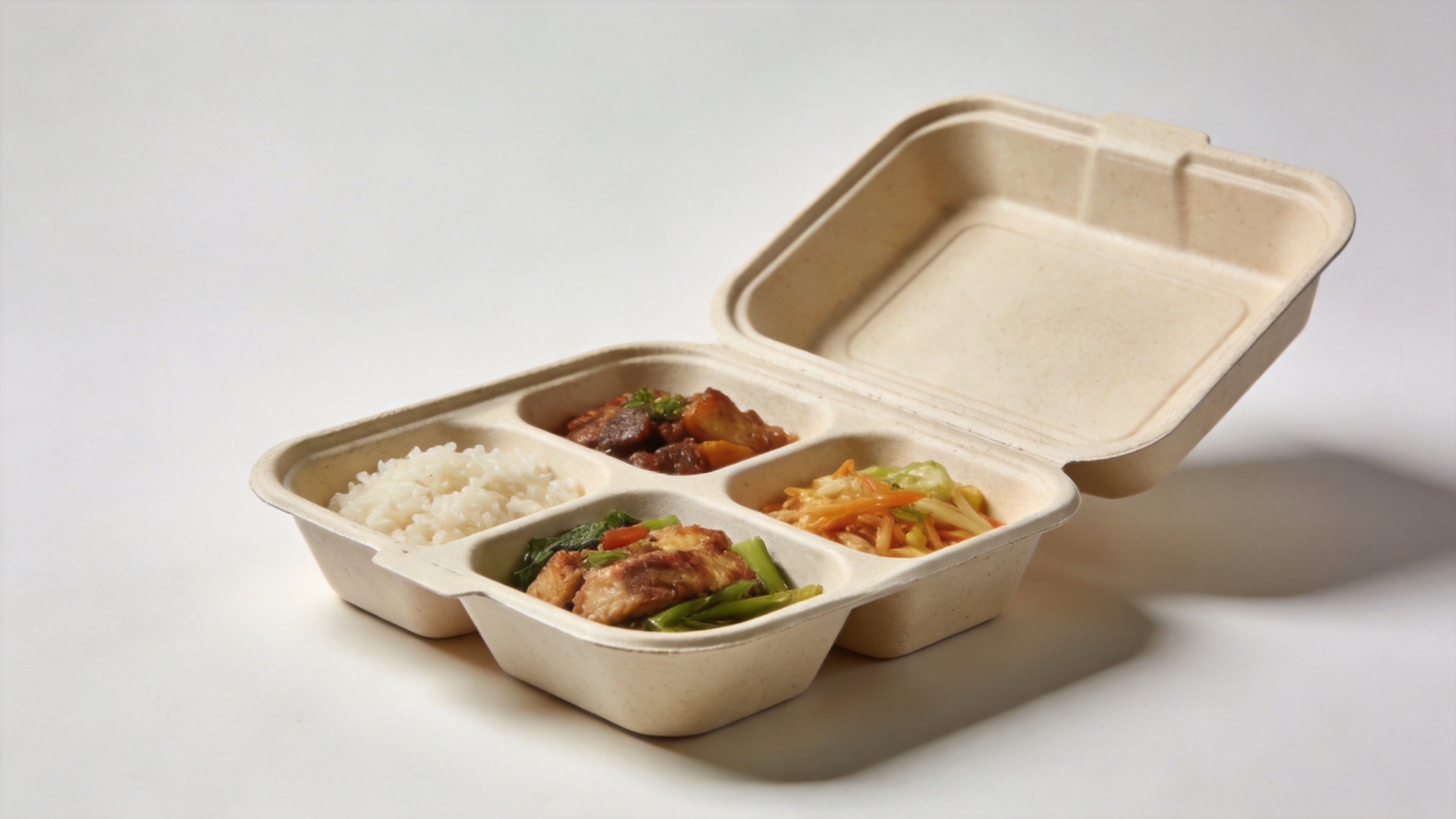 Takeaway packaging with a compartmented sugarcane bagasse meal box