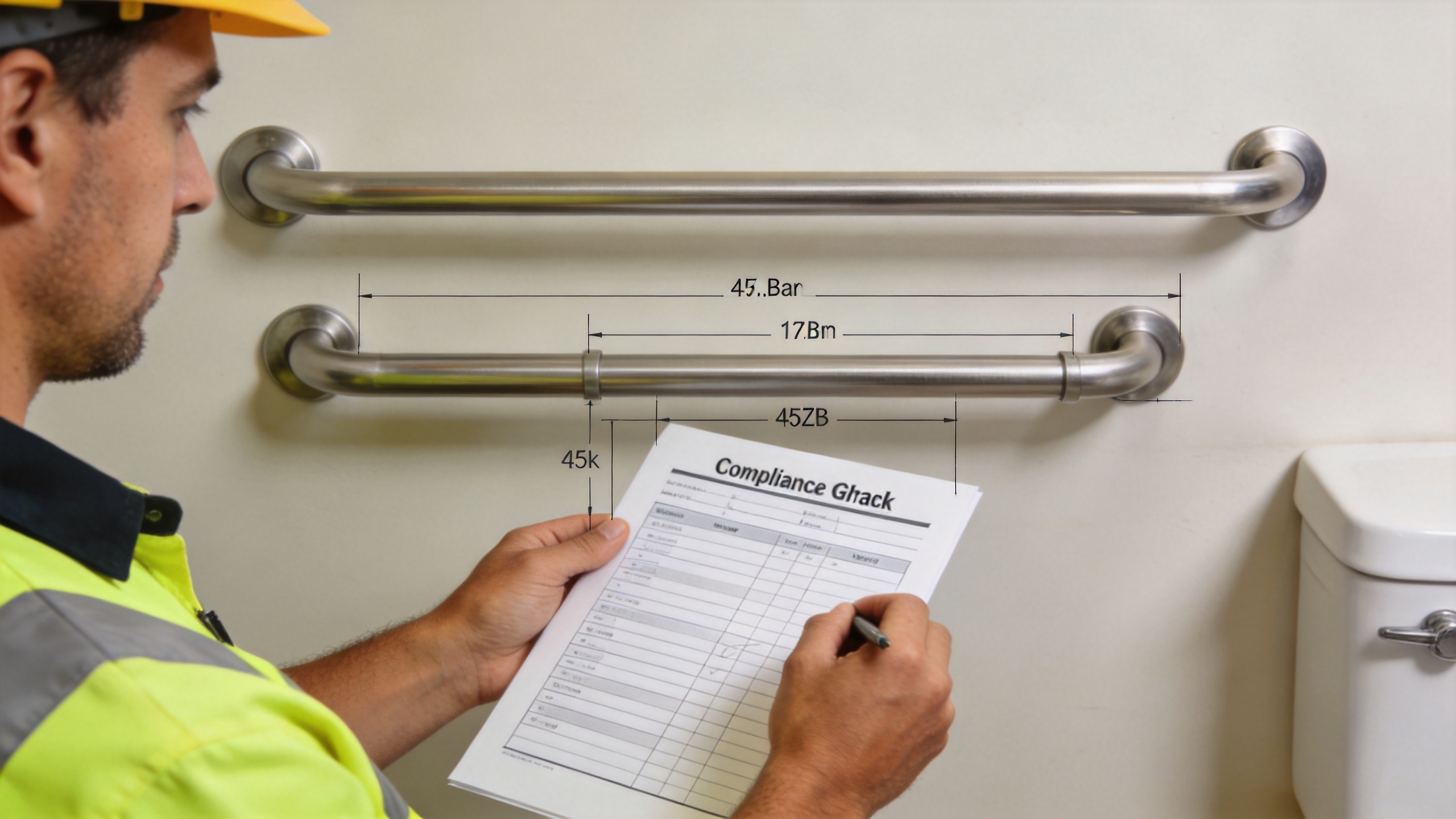 contractor verifying grab bar installation dimensions in accessible bathroom renovation