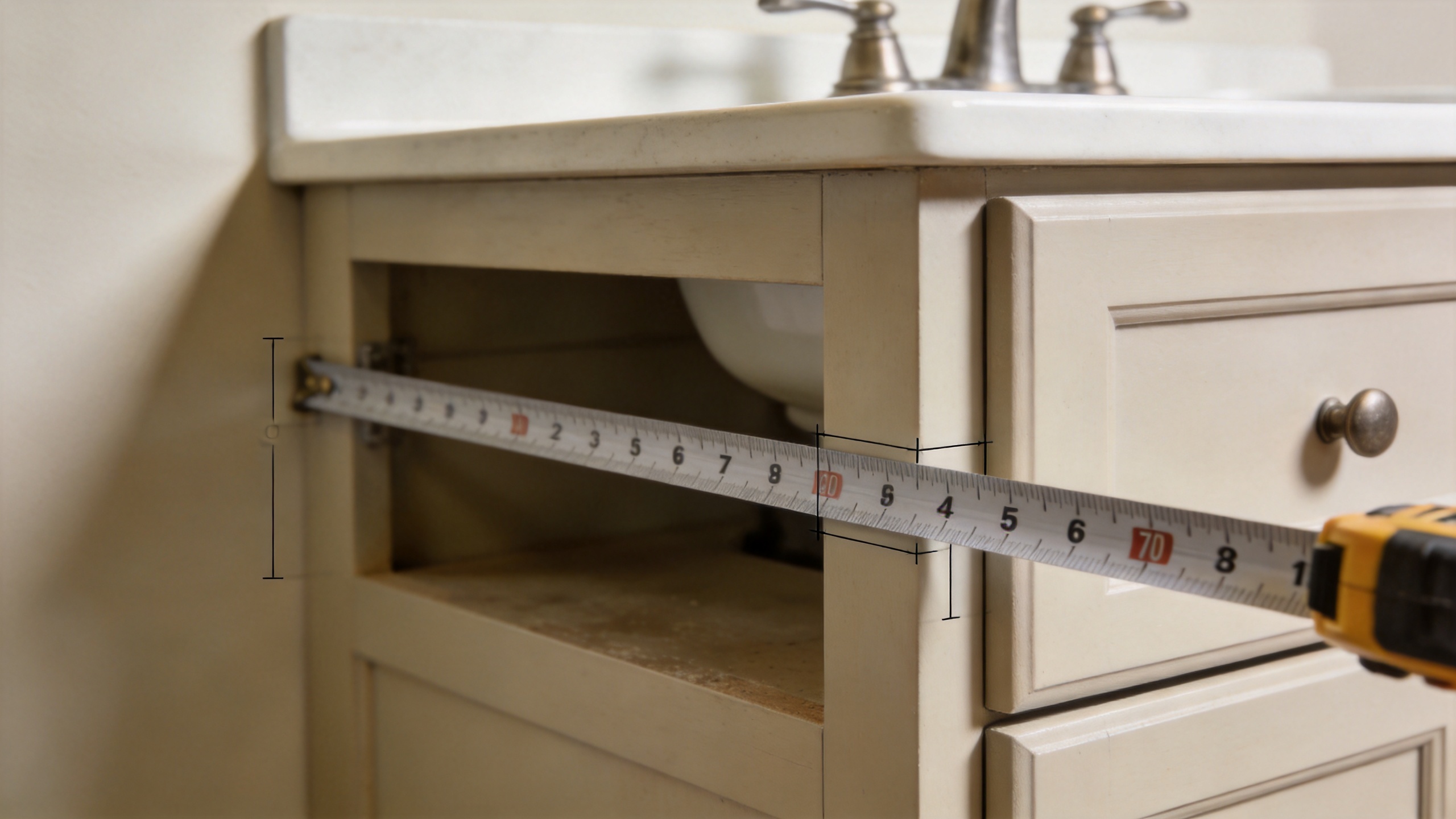 Bathroom vanity depth measurement for ADA clearance compliance verification in senior living construction project