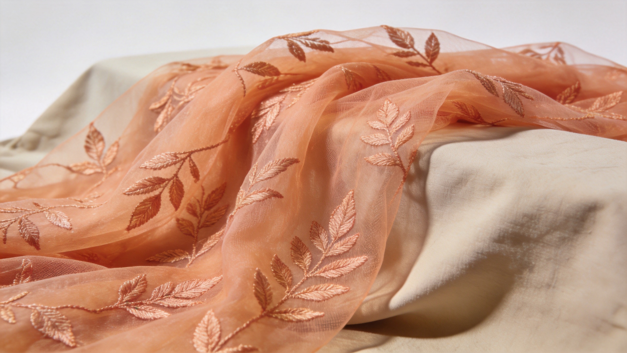 Apricot leaf embroidered tulle layered over neutral lining