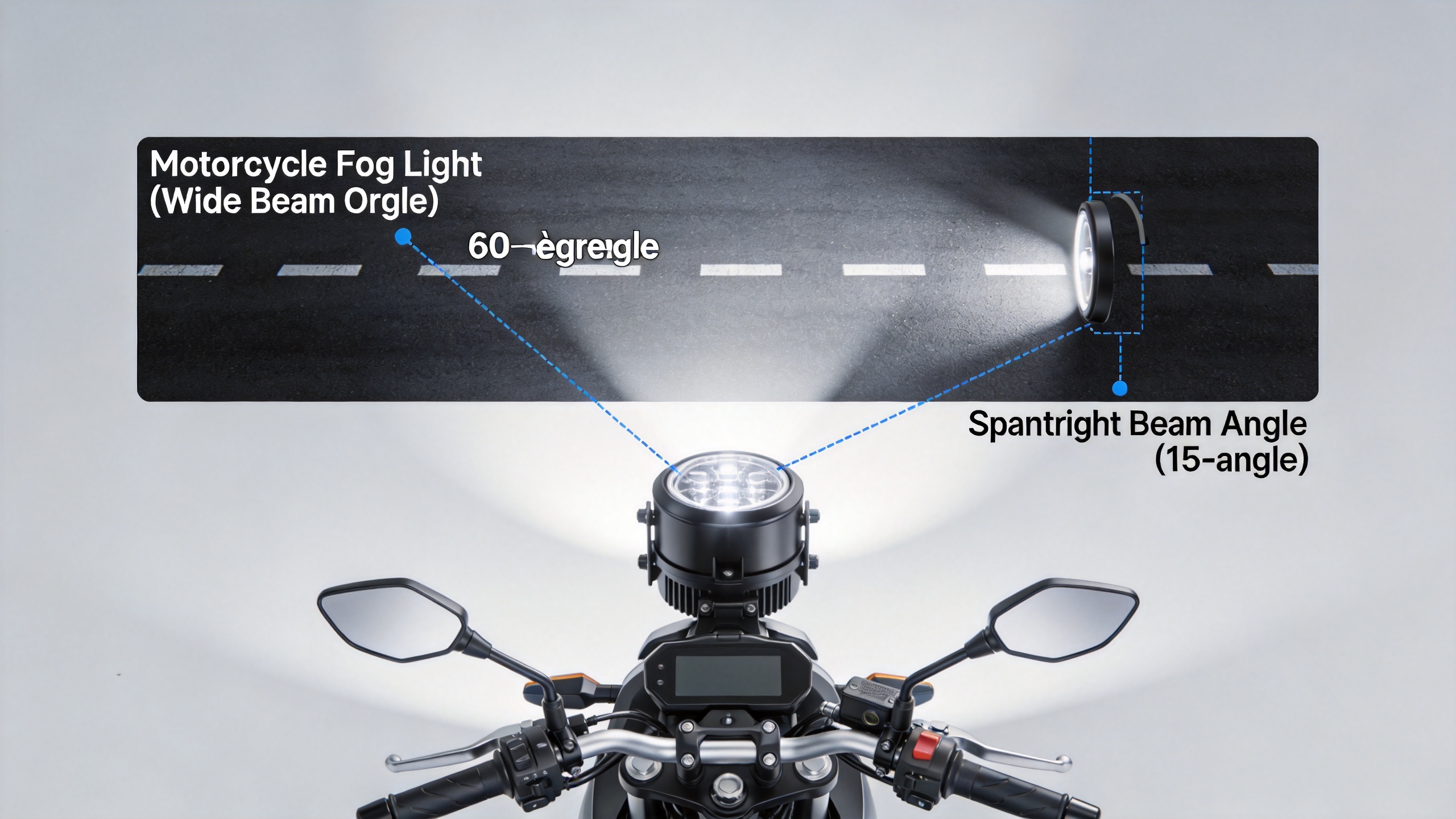 Motorcycle fog light vs spotlight beam pattern comparison — wide 60-degree fog beam versus narrow 15-degree spotlight beam