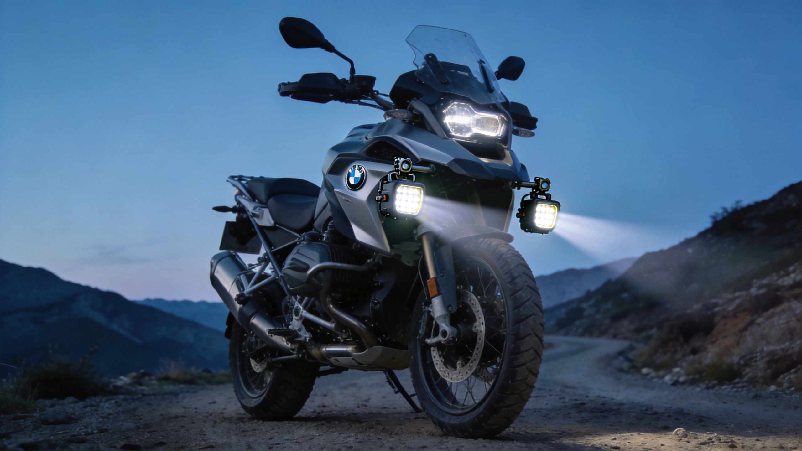 motorcycle driving lights led on an adventure motorcycle at dusk