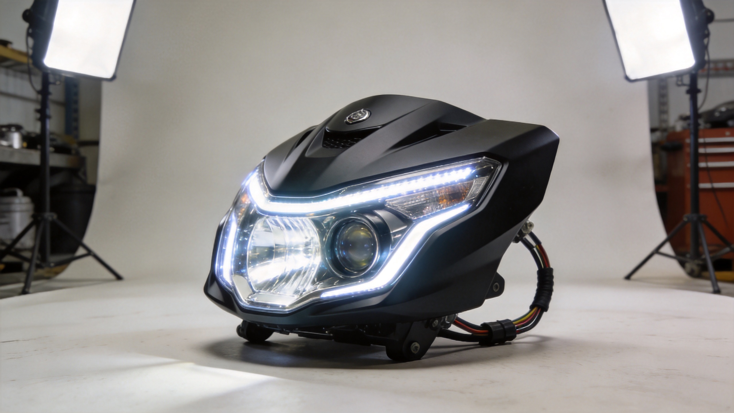 motorcycle front light led projector and daytime running light comparison