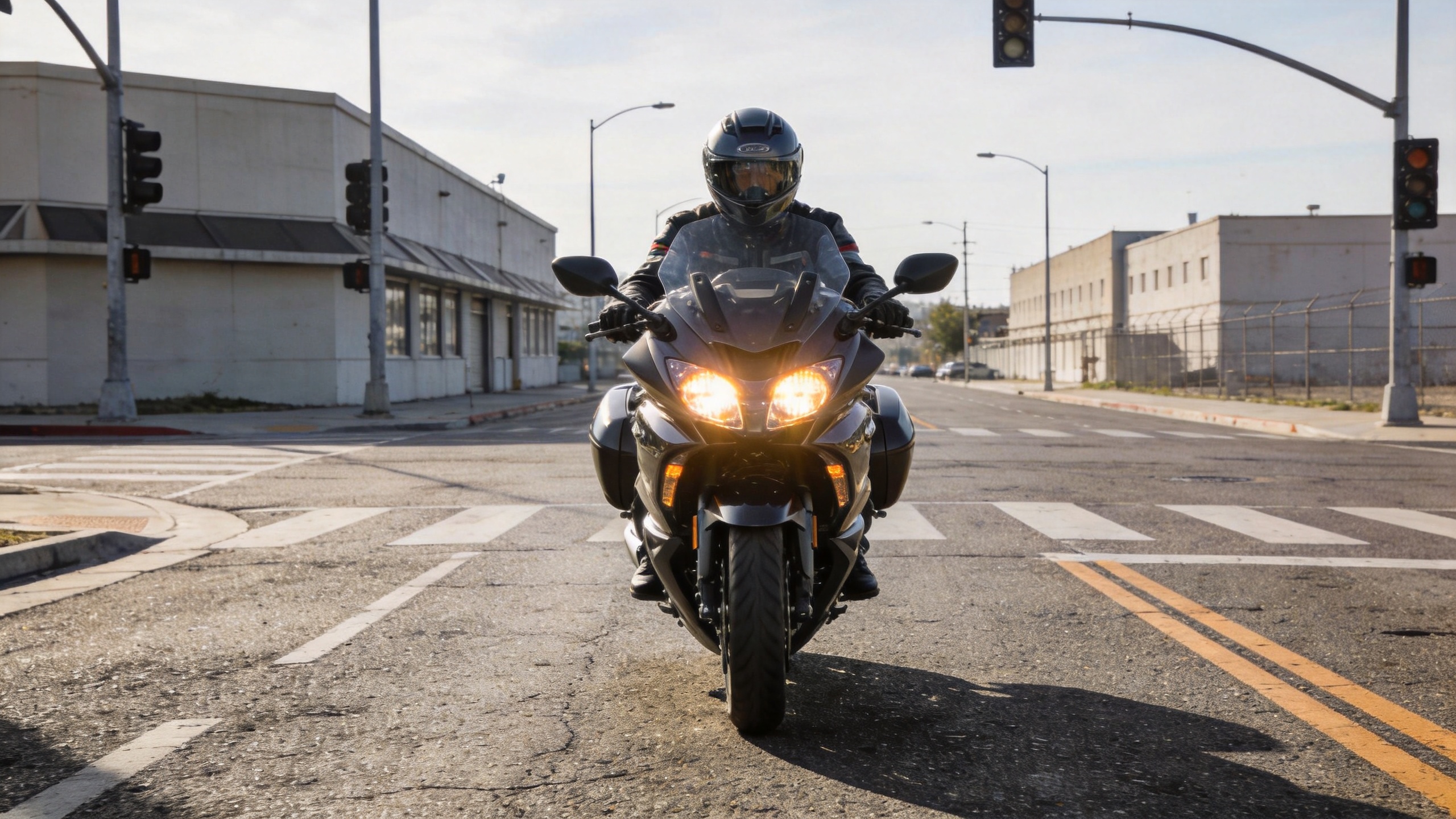 Motorcycle daytime running lights creating a clear front signature at a city intersection