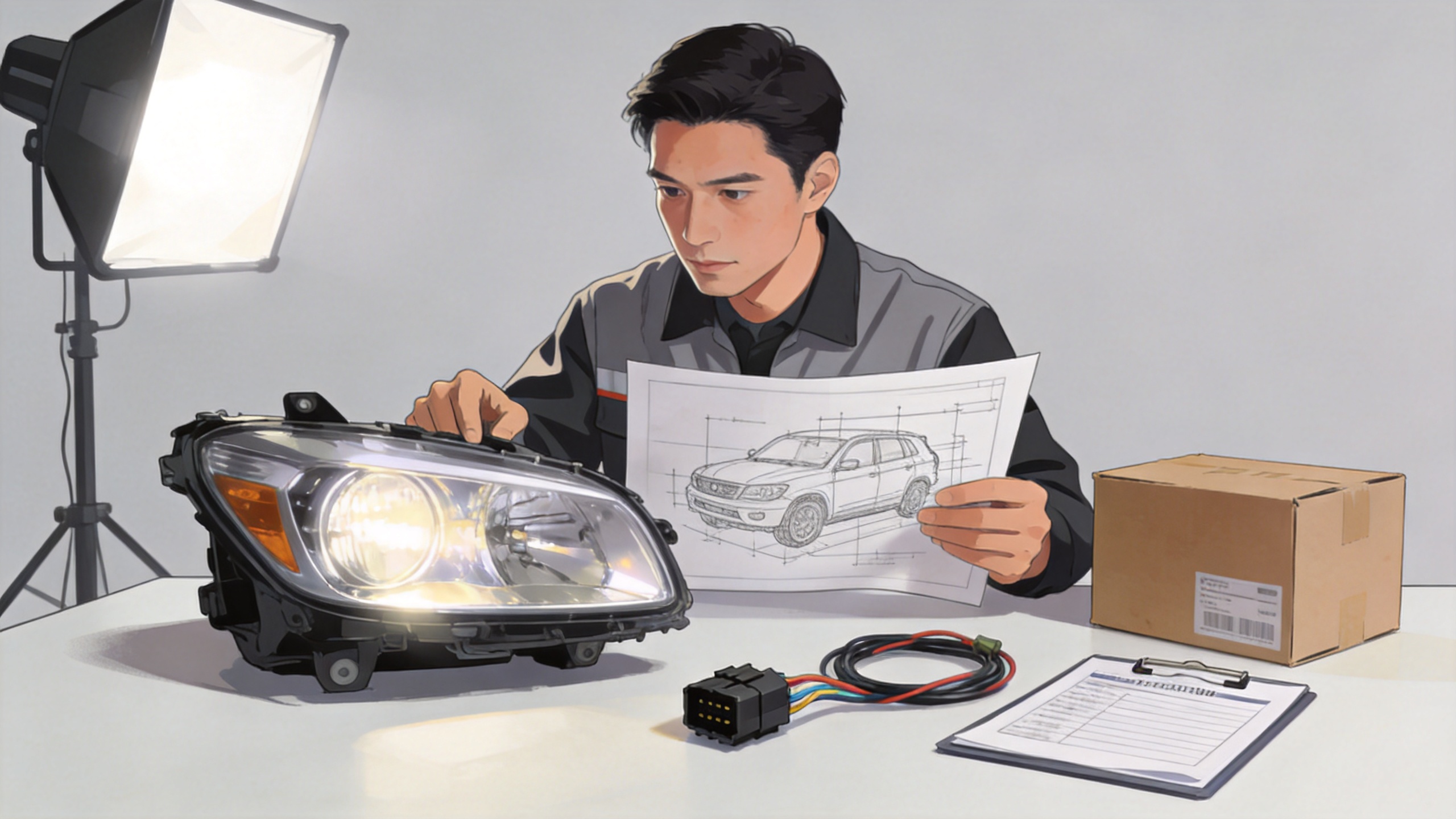 Automotive DRL supplier reviewing lamp fitment, wiring, and packaging