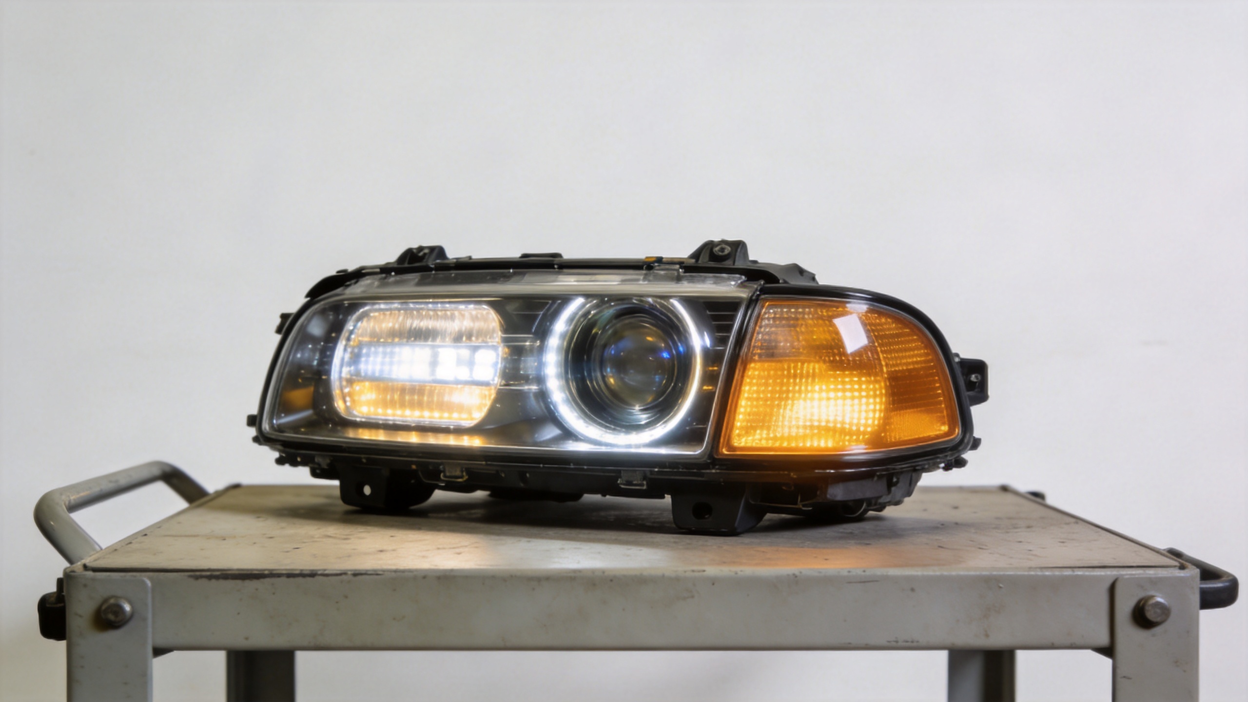BMW E46 DRL headlight assembly with projector lens and turn signal
