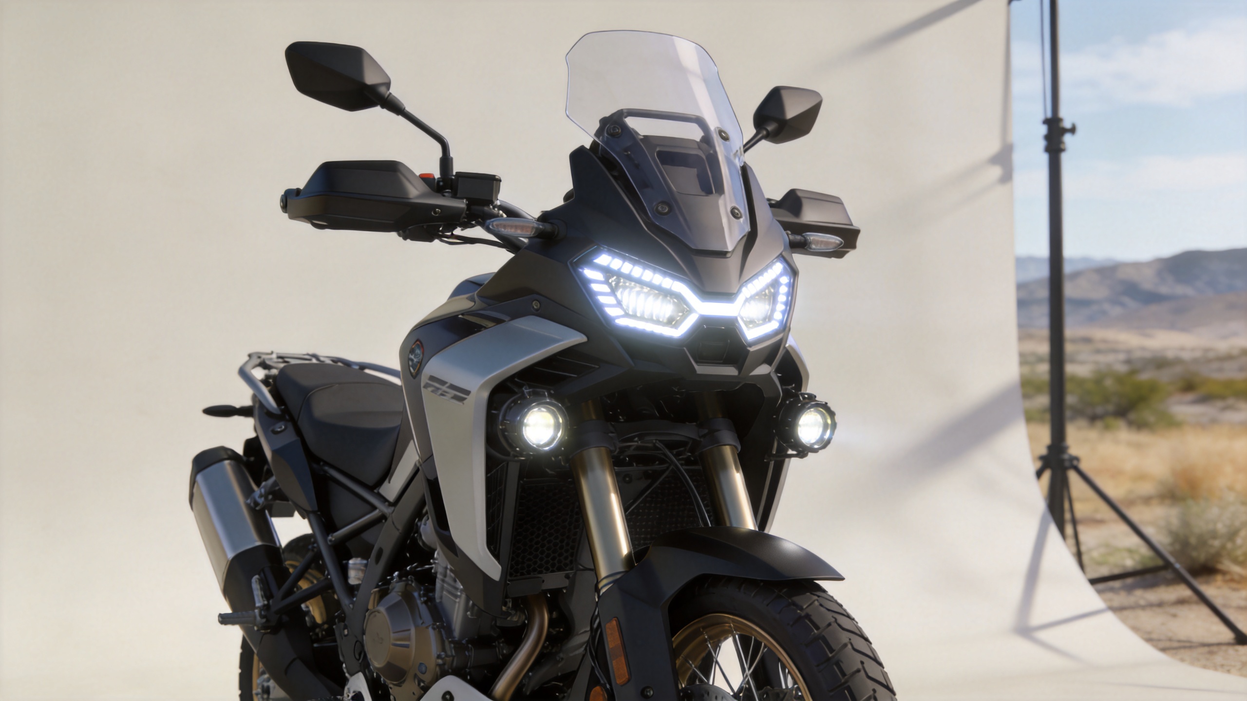 Motorcycle off road lights showing a daytime LED DRL signature and an auxiliary beam