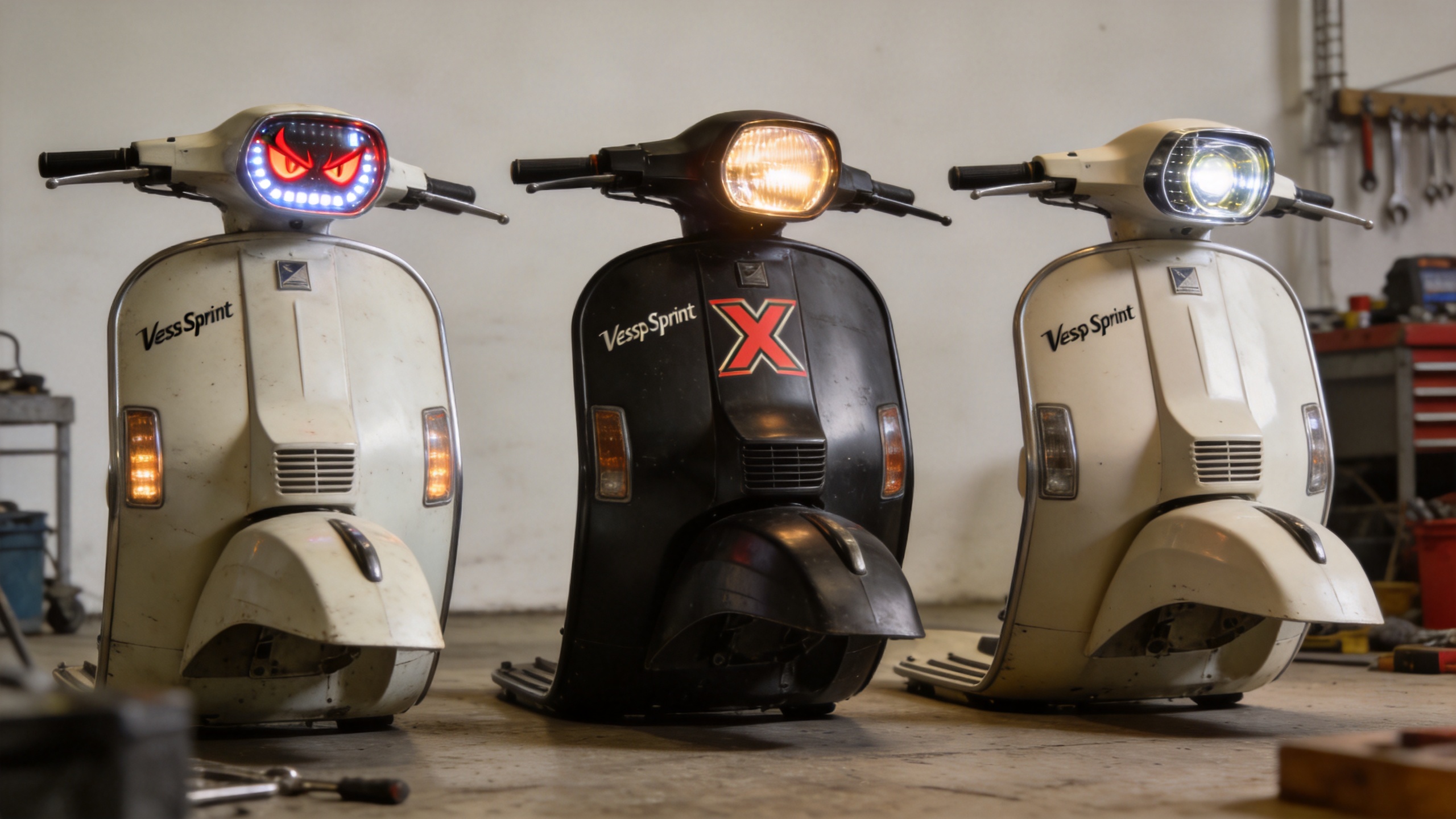 Custom scooter LED front headlight styles for a Vespa Sprint build