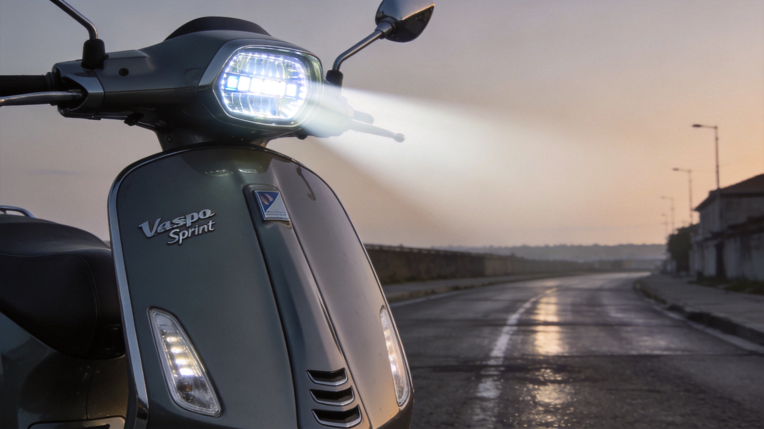 LED motorcycle headlight illuminating a scooter road at dusk