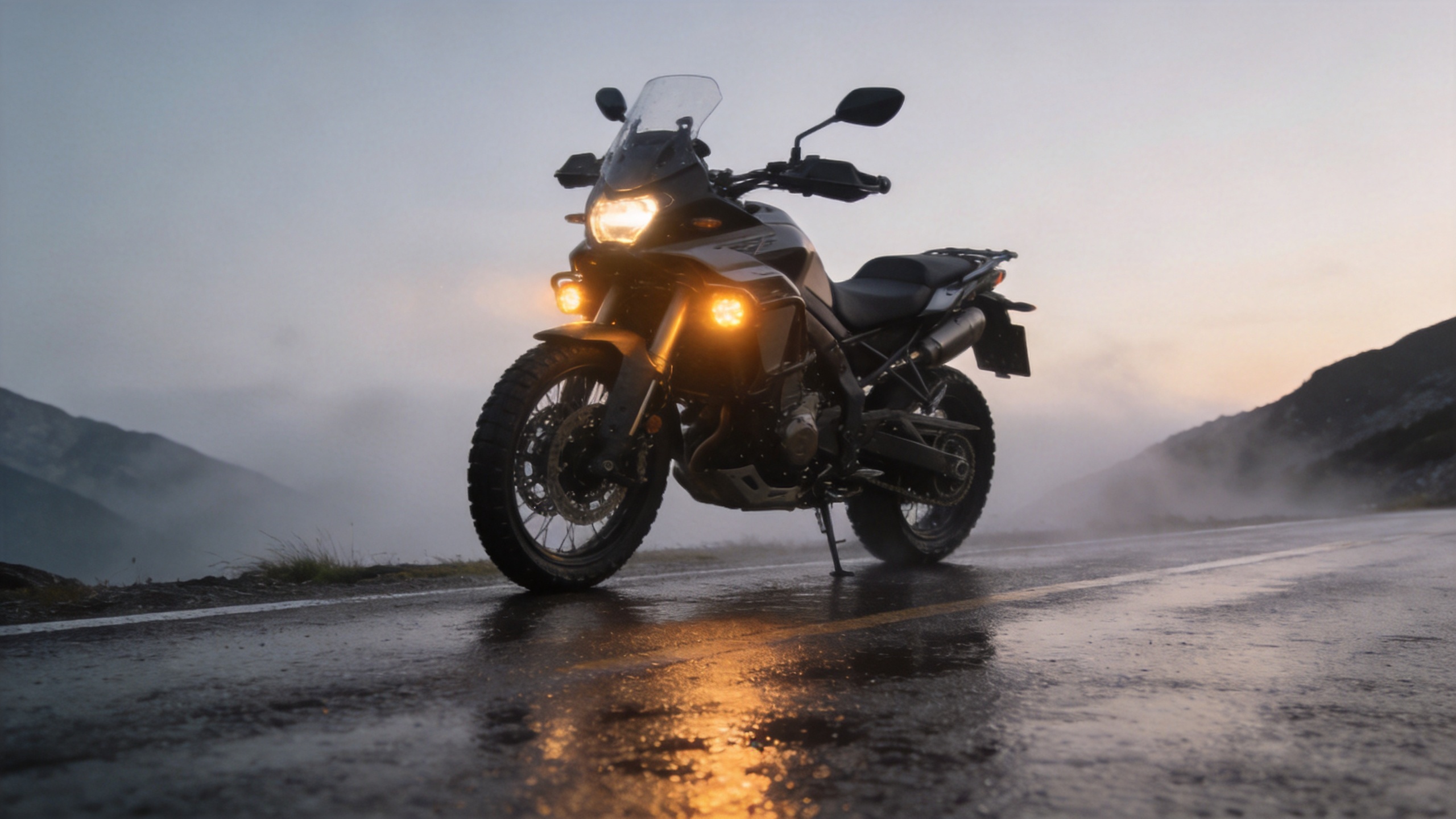 Motorcycle fog lights in amber mode on a wet road