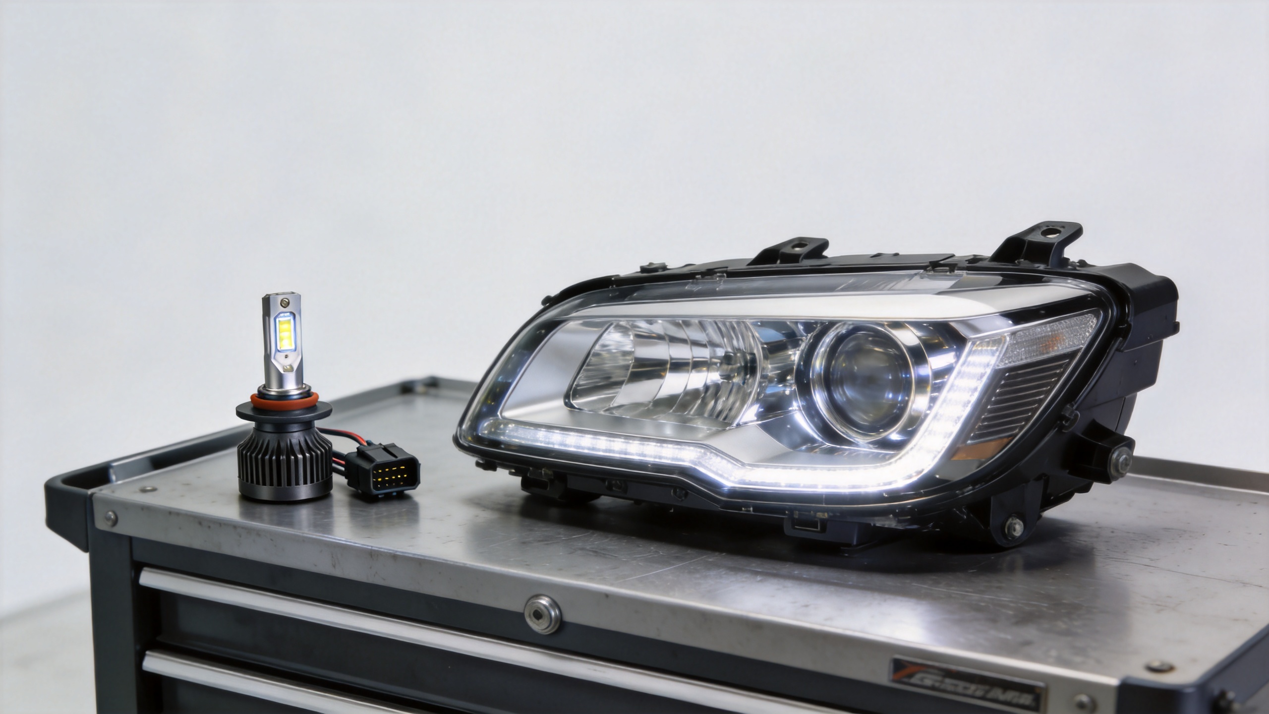 Comparison of a car LED headlight assembly and an LED bulb conversion kit