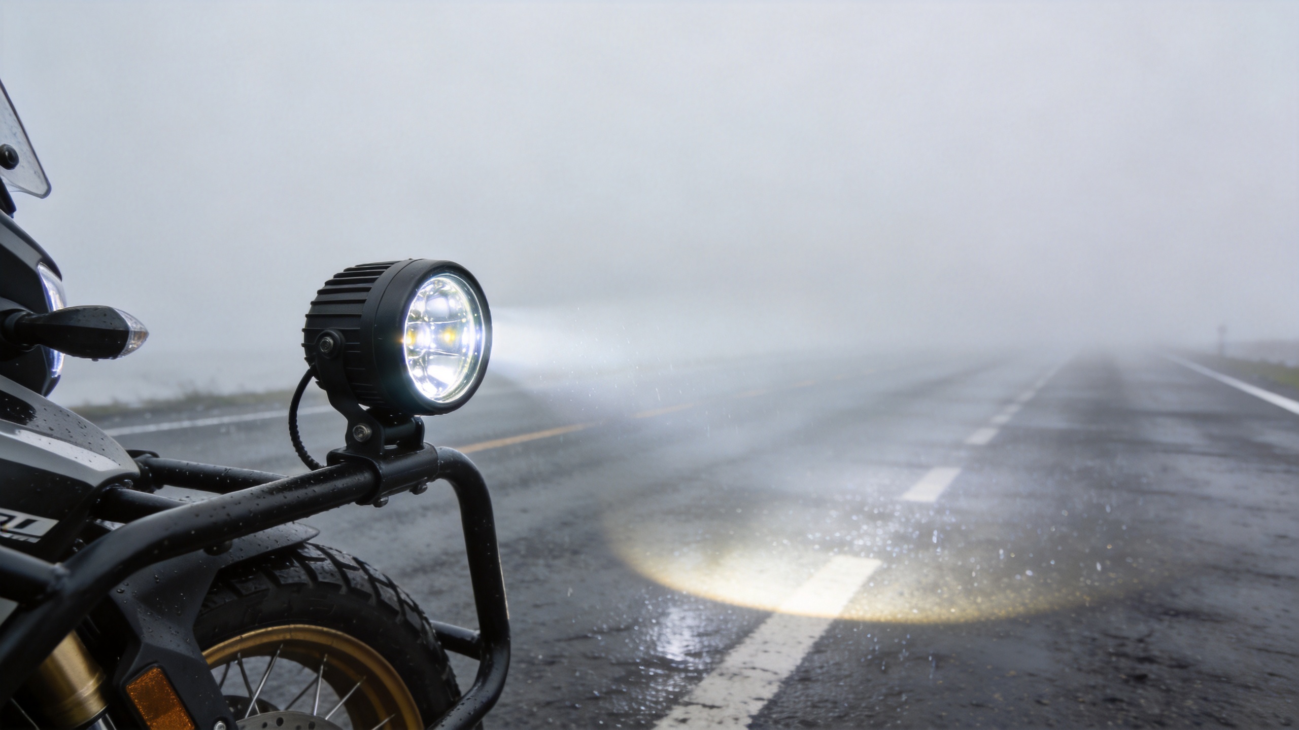 Motorbike fog lights mounted for a wide low beam