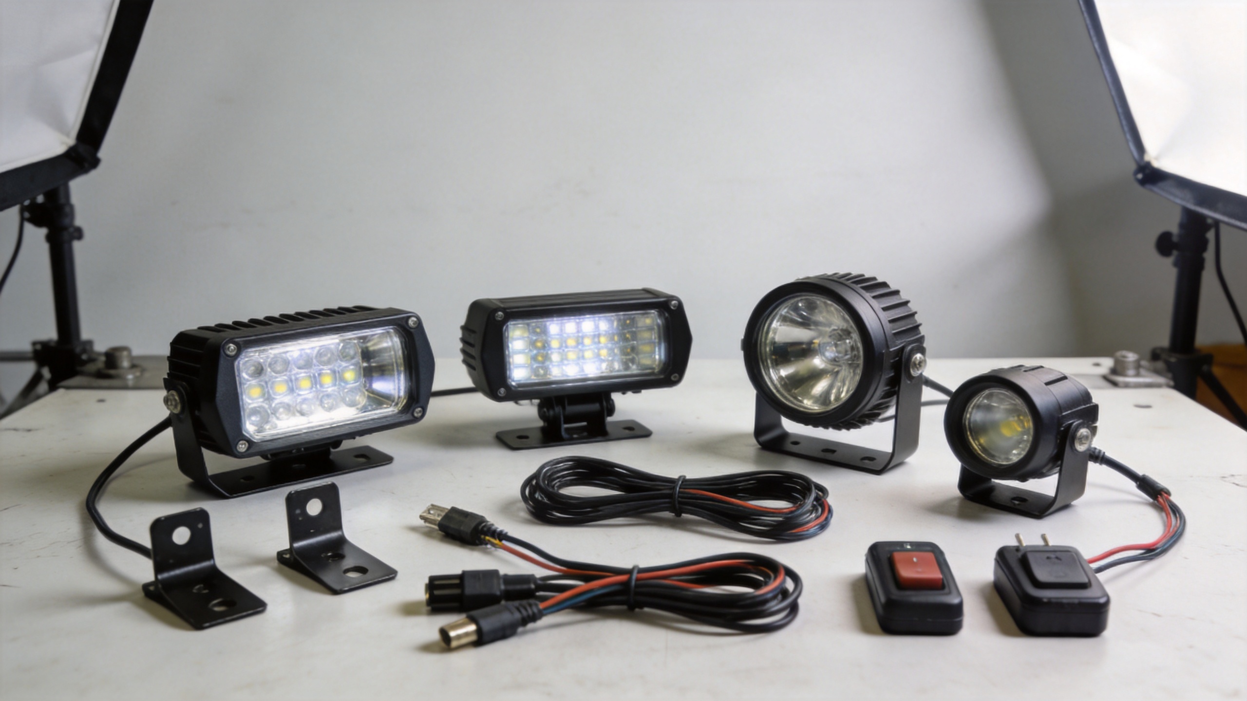 Motorcycle auxiliary lights, mounting brackets, wiring harnesses, and switches for a distributor assortment