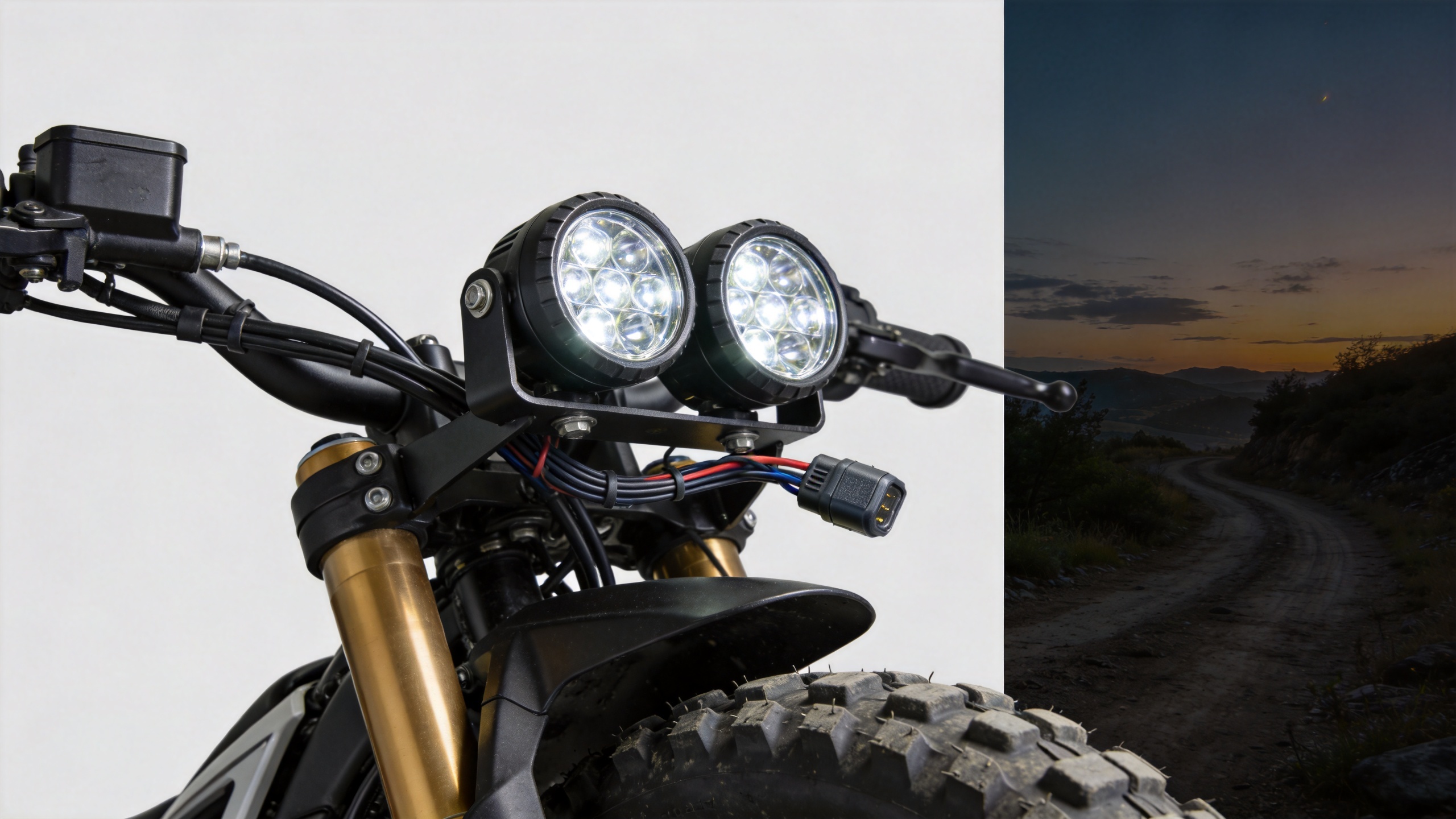 Dirt bike headlight mounting, bracket, and wiring fitment example