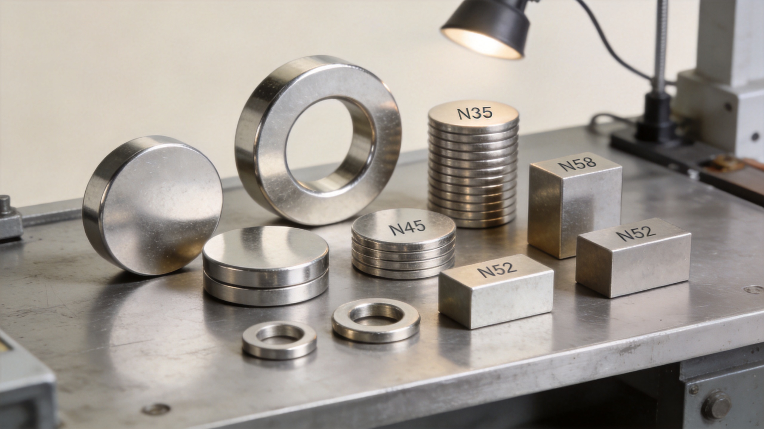Strong industrial neodymium magnets in disc, ring, and block geometries showing grade variety for industrial applications
